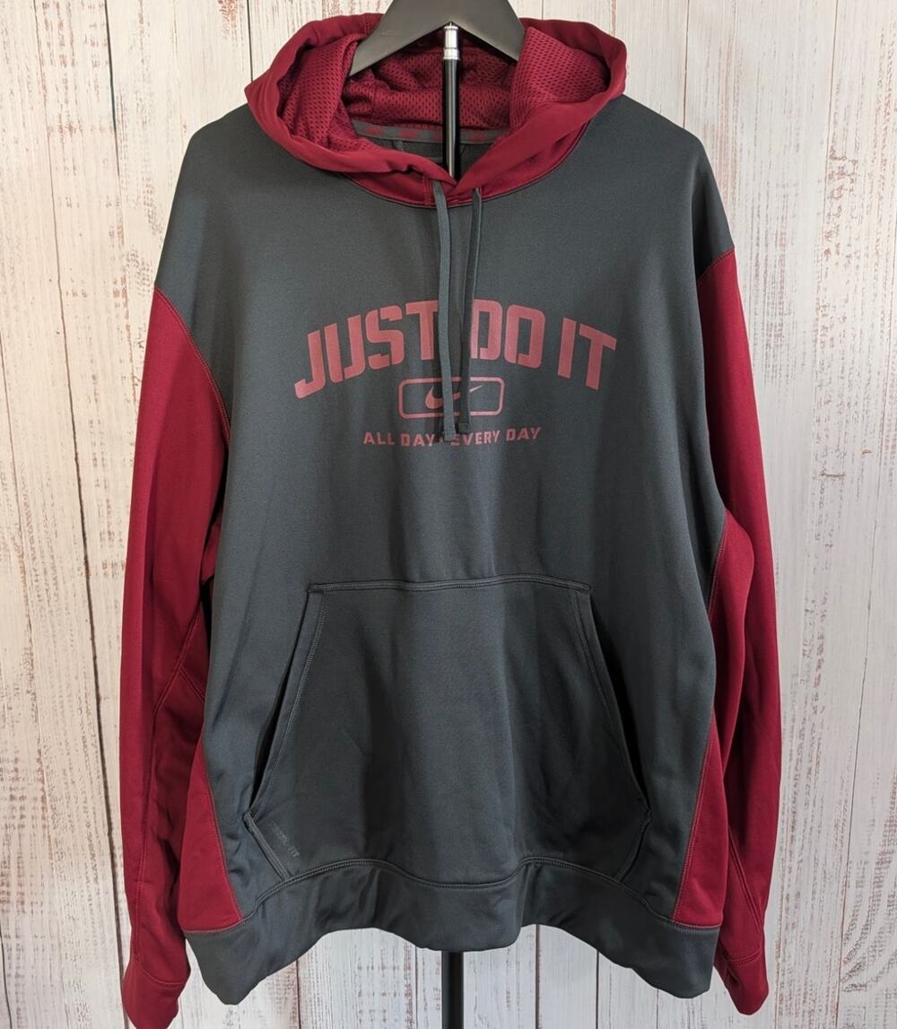 Nike Hoodie Mens NWT L Charcoal Grey Maroon Just Do It Therma FIT Fleece Pocket